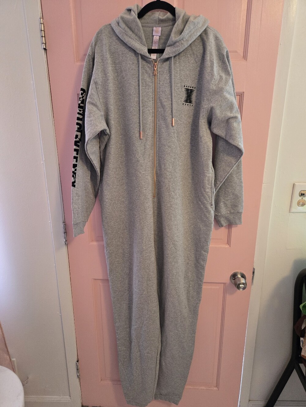 NWOT Savage X Fenty Gray Zip-Front Hooded Pajama Onesie